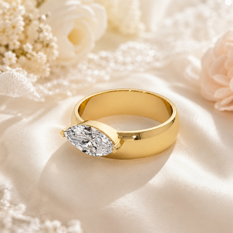 Bague de fiançailles sur mesure à large anneau, sertie d'un diamant de laboratoire taille marquise en or 14 carats-3