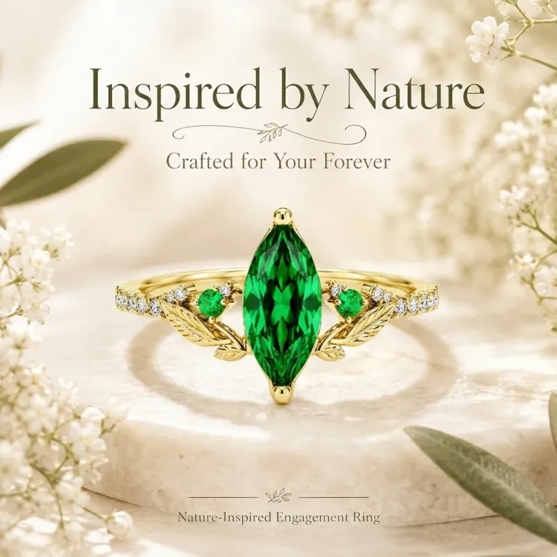 Verlobungsring aus 14-karätigem Gold mit im Marquise-Schliff geschliffenem, im Labor gezüchtetem Smaragd, individuellem Blätterdesign und von der Natur inspirierten Verzierungen-3