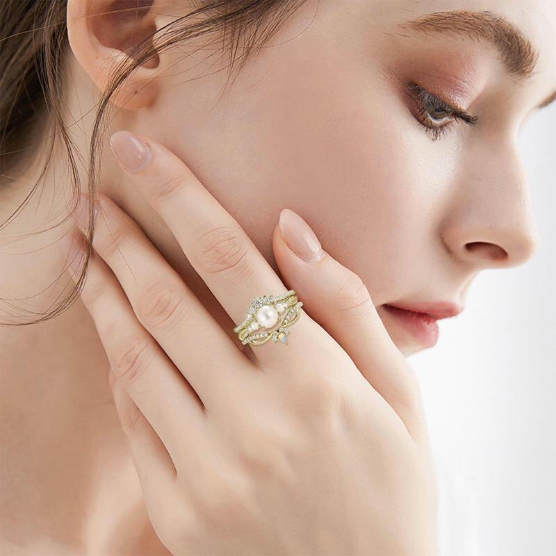 14K Gold Moissanite & Opal & Pearl Bridal Set-2