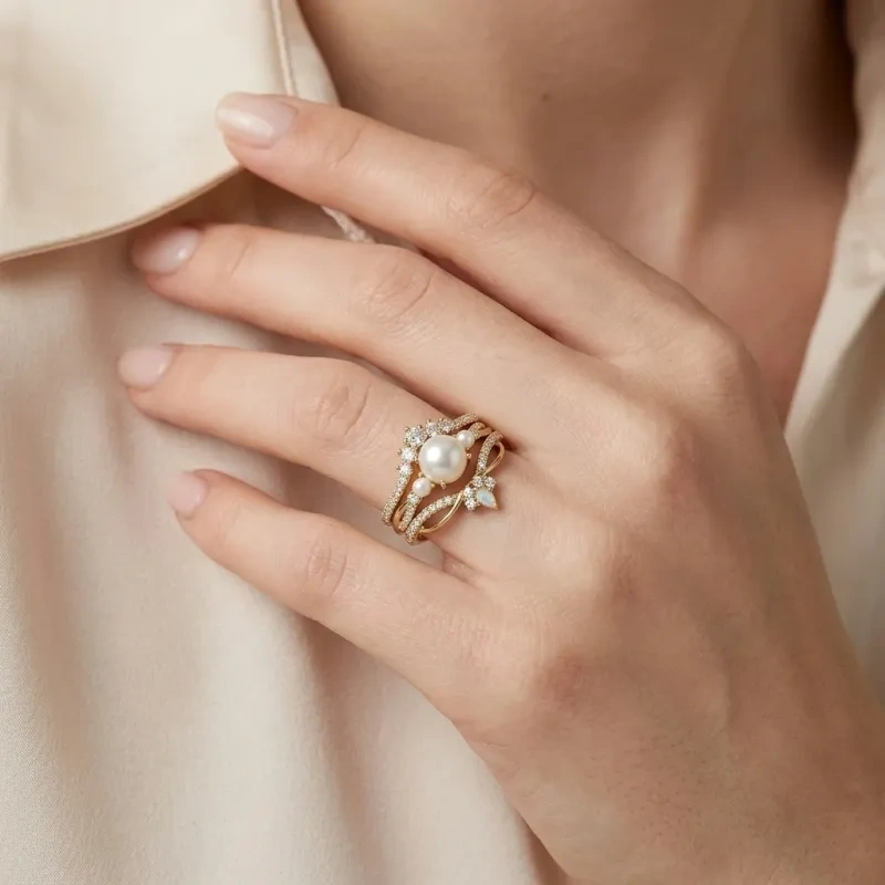14K Gold Moissanite & Opal & Pearl Bridal Set-3