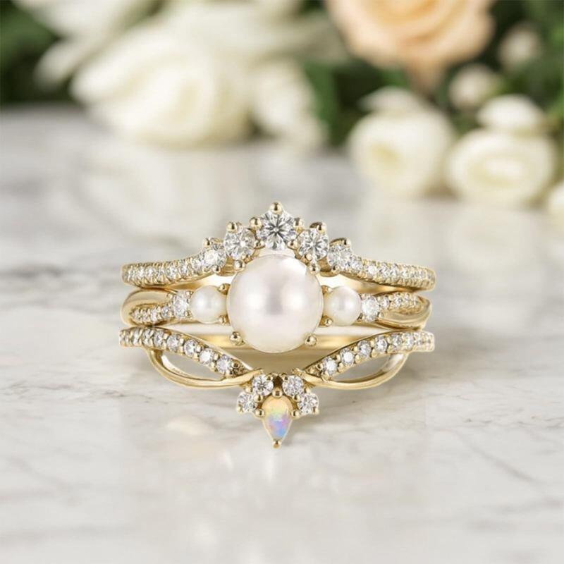 14K Gold Moissanite & Opal & Pearl Bridal Set-4