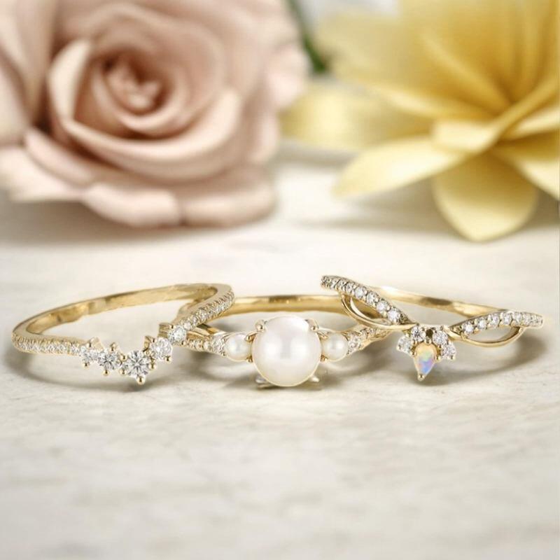 14K Gold Moissanite & Opal & Pearl Bridal Set-5