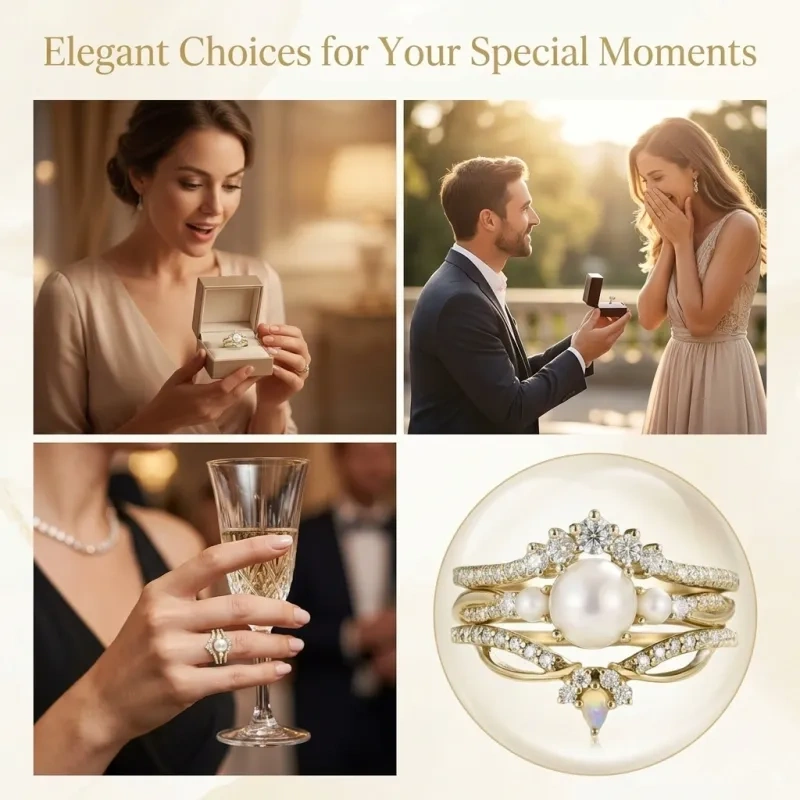 14K Gold Moissanite & Opal & Pearl Bridal Set-6