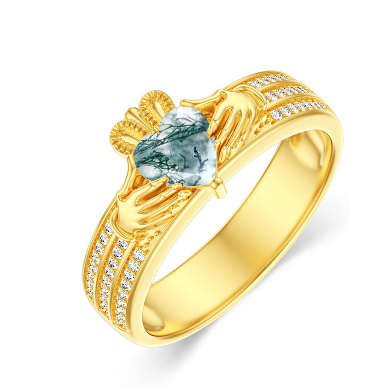 Bague Claddagh en or 14 carats et agate mousse en forme de cœur pour femme-1