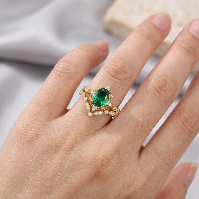 18K Gold Oval Cut Lab Created Emerald Custom Engagement Ring-2