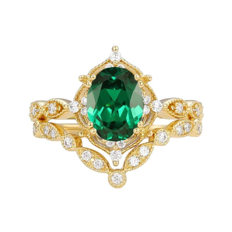 Anillo de compromiso personalizado de oro de 14 quilates con esmeralda creada en laboratorio de corte ovalado-7