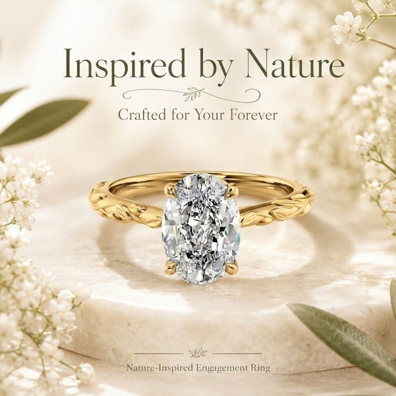 Bague de fiançailles solitaire personnalisée en or 10 carats avec diamant ovale de laboratoire, inspirée par la nature-5