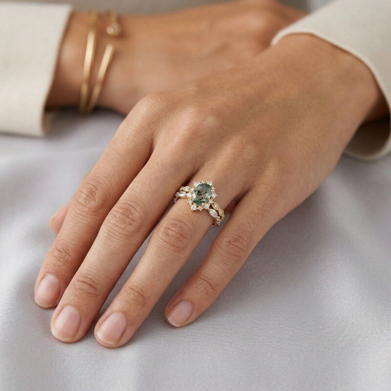 10K Gold Oval Cut Moissanite & Moss Agate Engagement Ring Bridal Set-2