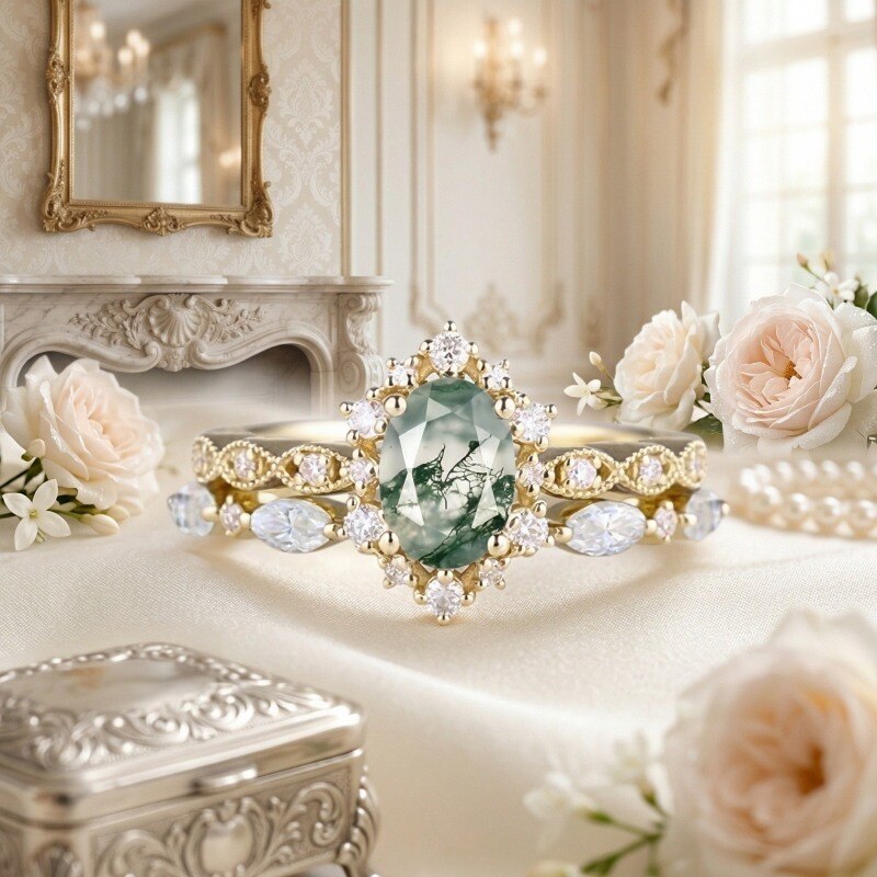 10K Gold Oval Cut Moissanite & Moss Agate Engagement Ring Bridal Set-3