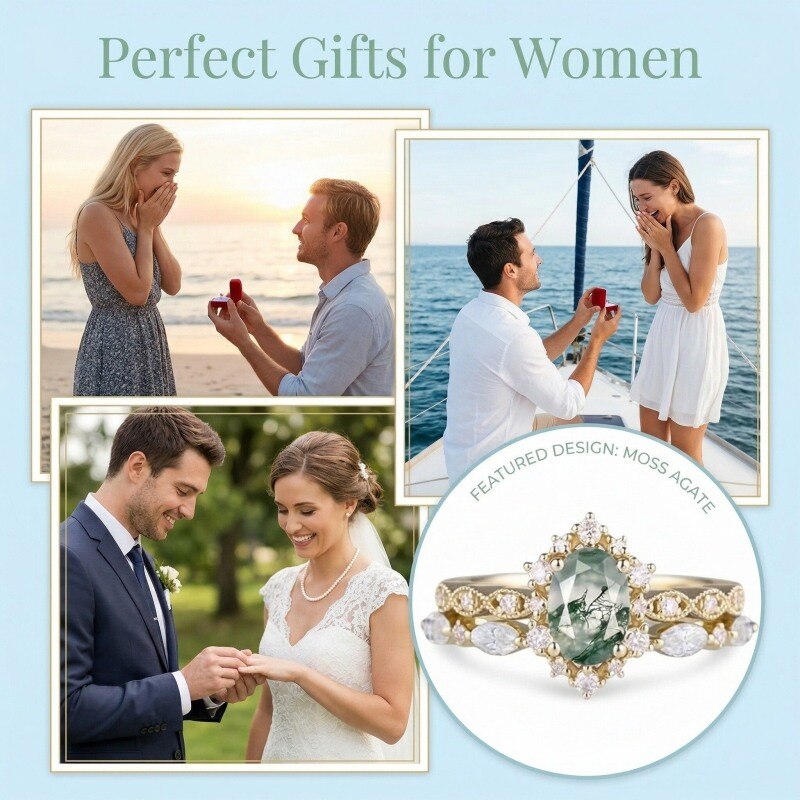 10K Gold Oval Cut Moissanite & Moss Agate Engagement Ring Bridal Set-4