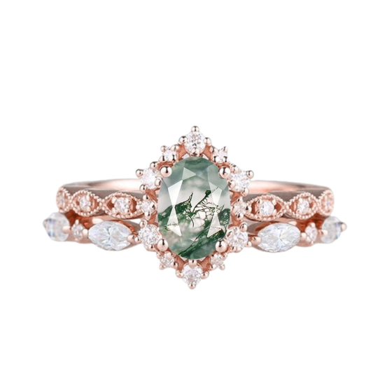 10K Gold Oval Cut Moissanite & Moss Agate Engagement Ring Bridal Set