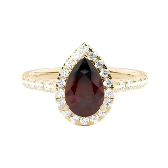 Verlobungsring aus 14-karätigem Gold mit birnenförmigem Granat und im Labor gezüchteten Diamanten, individueller Halo-Fassung