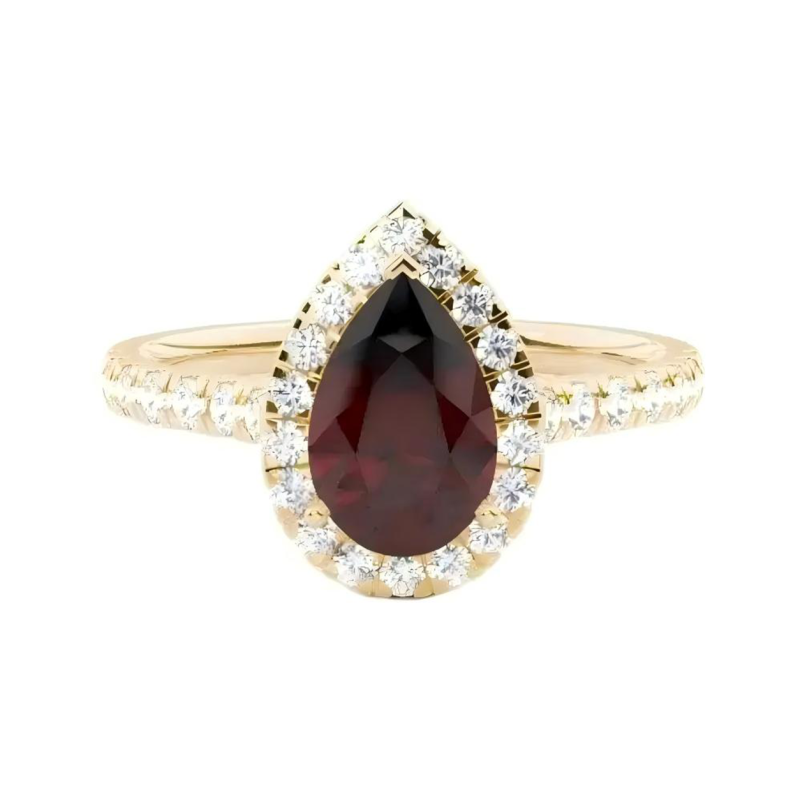 Anillo de compromiso personalizado con halo, granate talla pera y diamante cultivado en laboratorio, oro de 14 quilates.-3