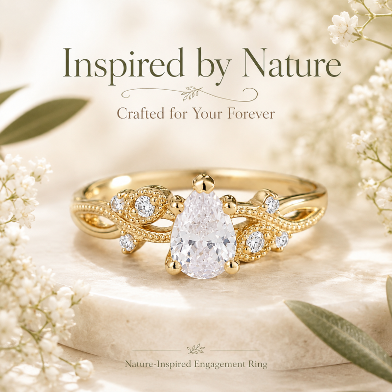Individuell gestalteter Verlobungsring aus 18-karätigem Gold mit birnenförmigem, im Labor gezüchtetem Diamanten, inspiriert von der Natur-5
