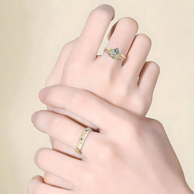 Bagues de couple en or 14K avec moissanite taillée en poire et agate mousse-2