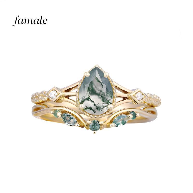 Bagues de couple en or 14K avec moissanite taillée en poire et agate mousse-4