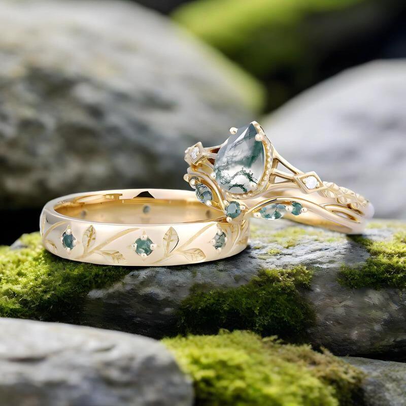Bagues de couple en or 14K avec moissanite taillée en poire et agate mousse-5