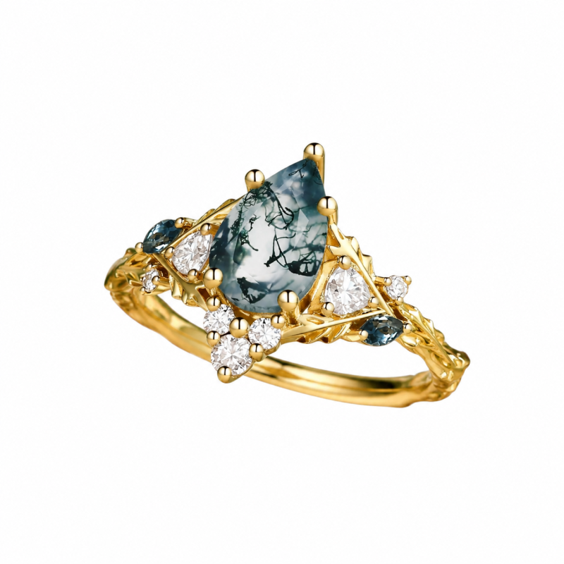 Anillo de compromiso personalizado de oro de 14 quilates con ágata musgosa talla pera, inspirado en la naturaleza.-3