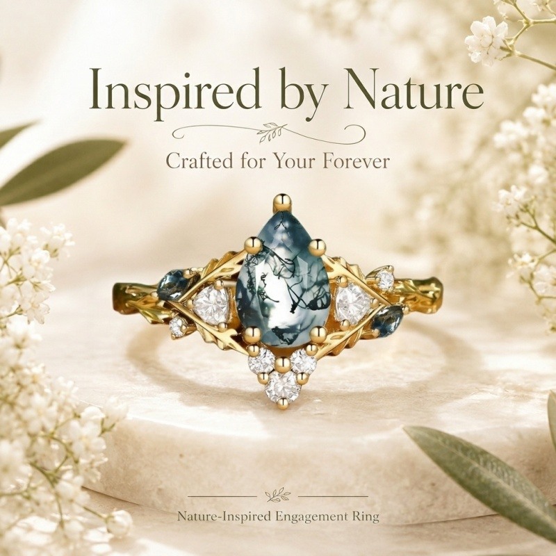 Anillo de compromiso personalizado de oro de 14 quilates con ágata musgosa talla pera, inspirado en la naturaleza.-4