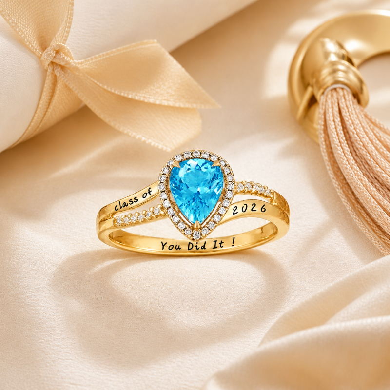 14K Gold Pear Cut Personalized Birthstone & Engravable Class Ring-3