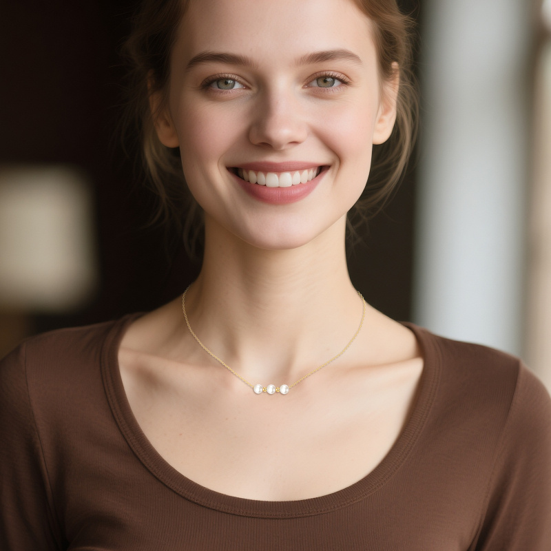 14K Gold Pearl Bar Pendant Necklace-2