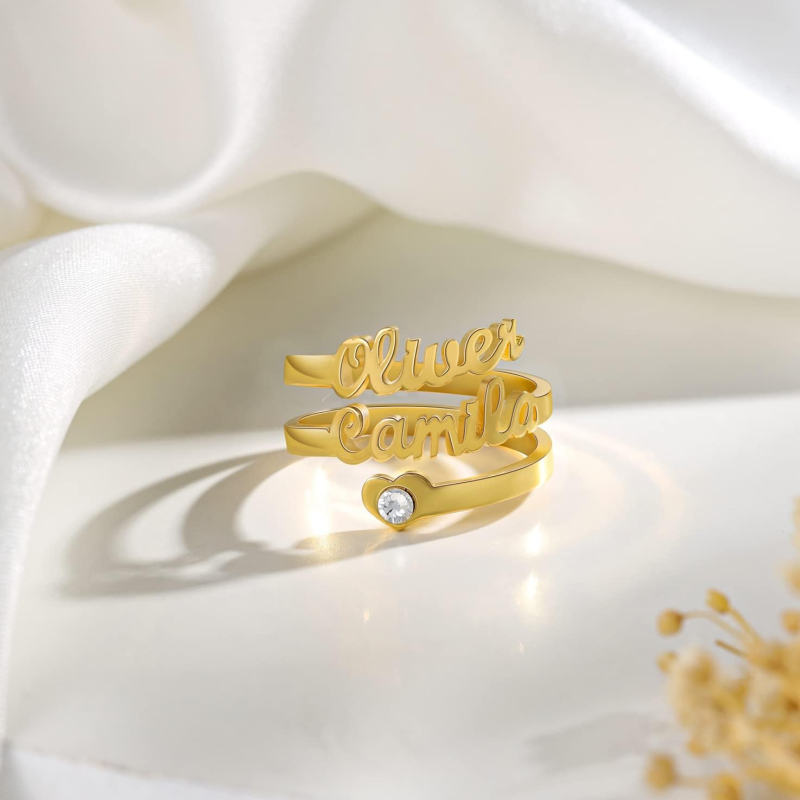 14K Gold Personalized Birthstone & Classic Name Open Ring for Women-2