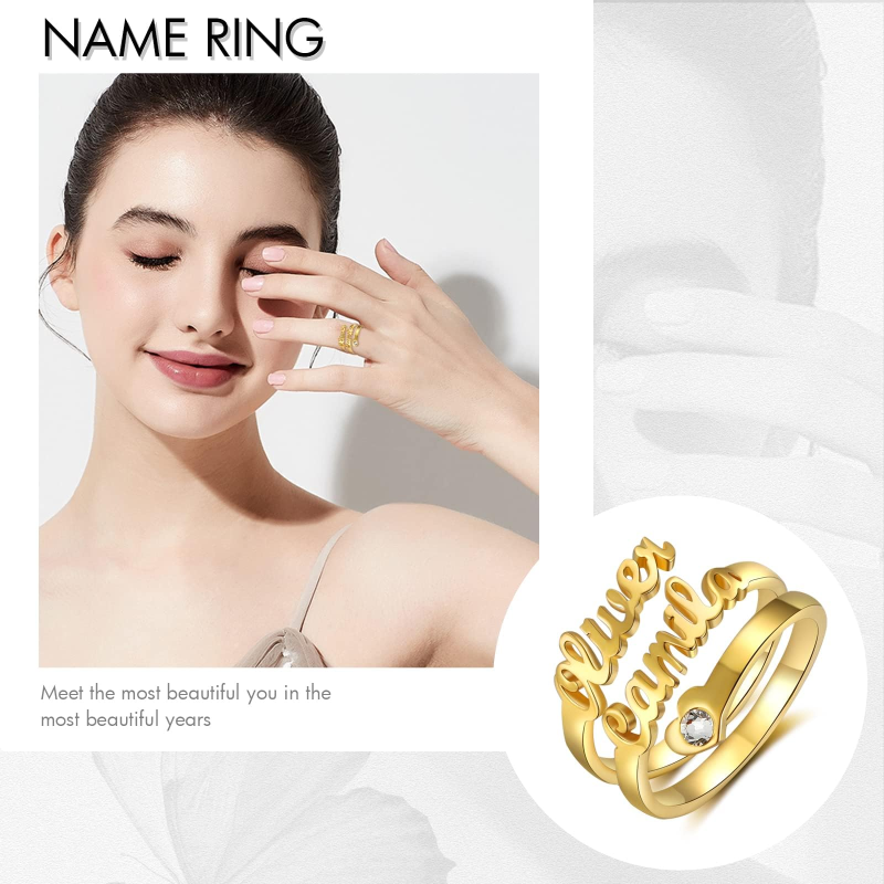 14K Gold Personalized Birthstone & Classic Name Open Ring for Women-4
