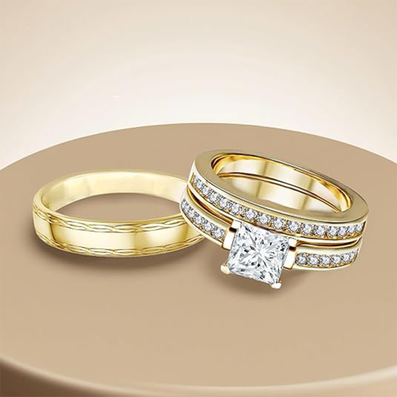 14K Gold Princess Cut Moissanite Couple Rings-4