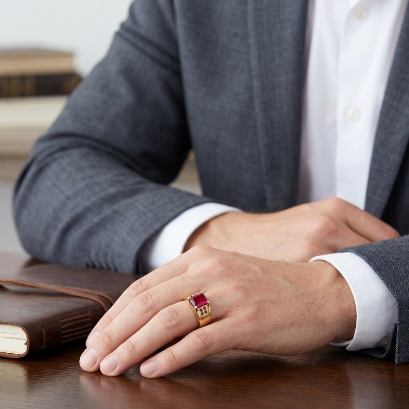 10K Gold Radiant Cut Ruby Statement Ring for Men-2