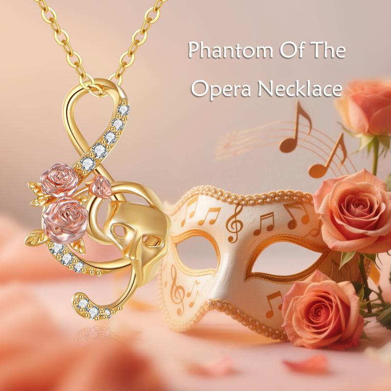 14K Gold & Rose Gold Cubic Zirconia Music Symbol &Phantom of The Opera Pendant Necklace-5