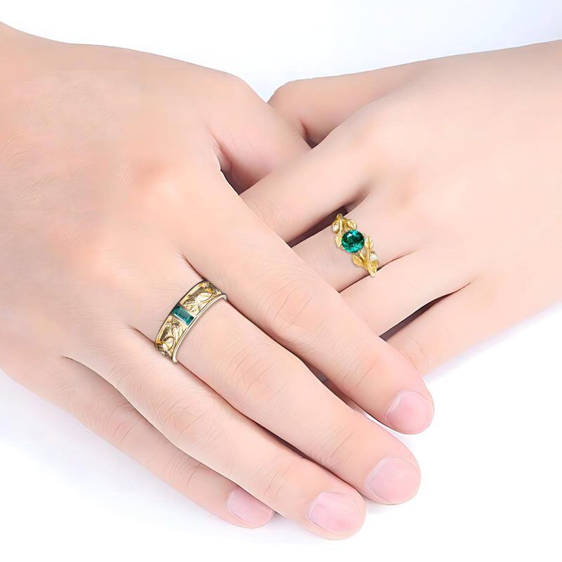 14K Gold Round Cut Artificial Emerald Couple Rings-2