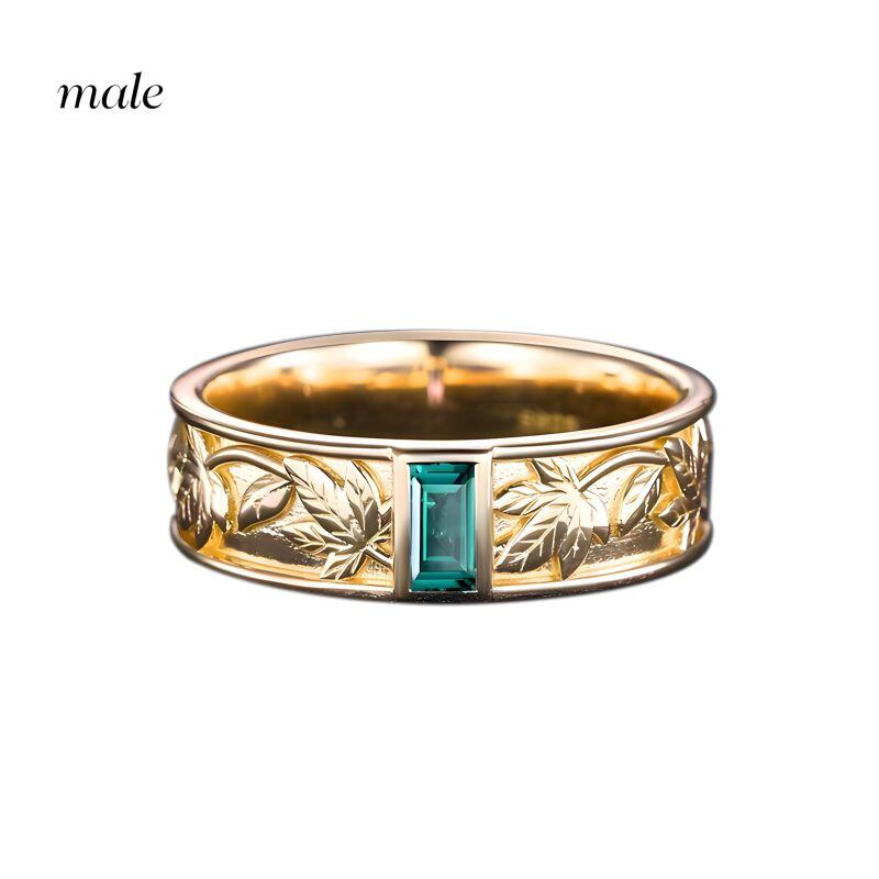 14K Gold Round Cut Artificial Emerald Couple Rings-3