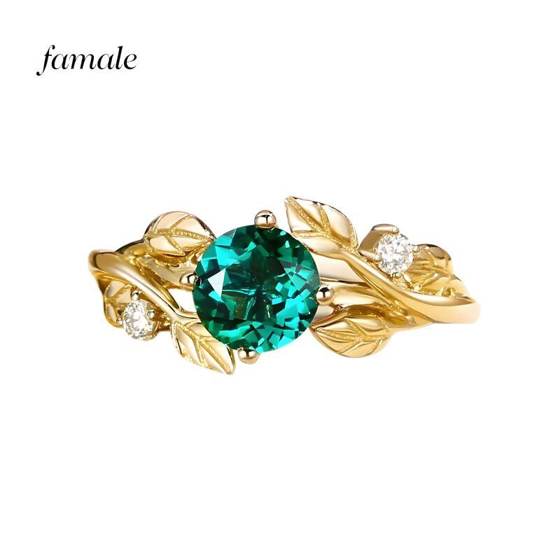 14K Gold Round Cut Artificial Emerald Couple Rings-4