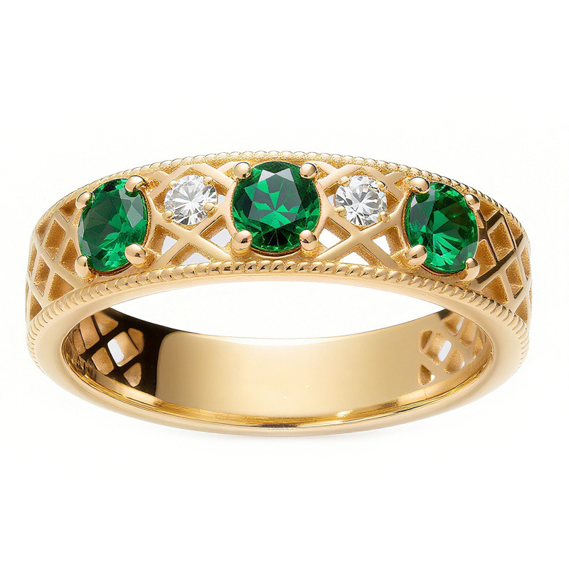 Bague de mariage en or 14 carats avec émeraude taille ronde et moissanite-1