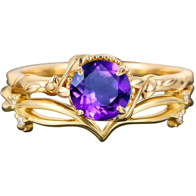 Verlobungsring aus 14-karätigem Gold mit rundem Efeu-Edelstein im Vintage-Stil – Set für Hochzeit, Jahrestag und Heiratsantrag-1