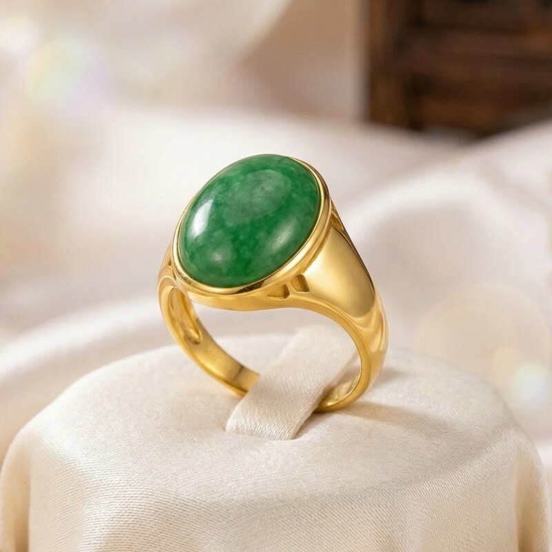 18K Gold Round Cut Jade Ring-2