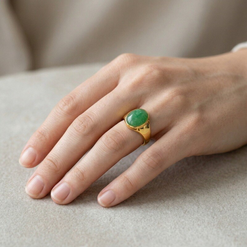 18K Gold Round Cut Jade Ring-3