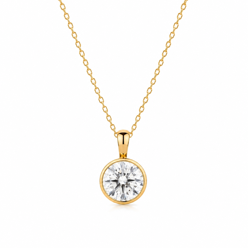 Halskette aus 14-karätigem Gold mit rund geschliffenem, im Labor gezüchtetem Diamanten in Zargenfassung-1