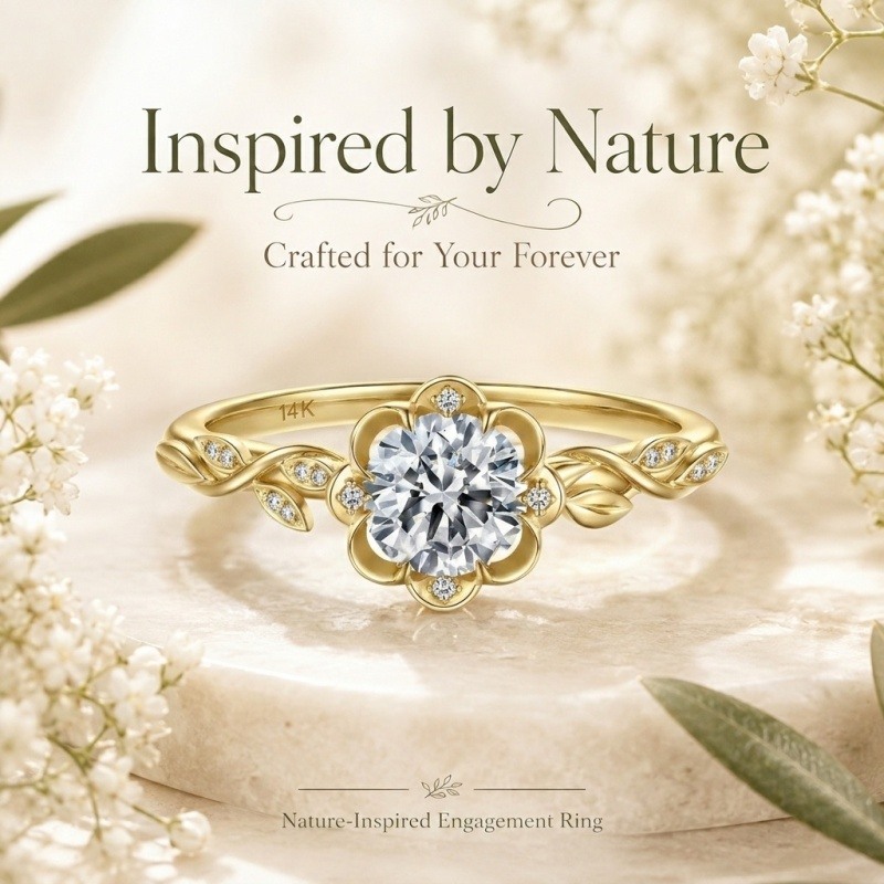 Verlobungsring aus 14-karätigem Gold mit rundem, im Labor gezüchtetem Diamanten, individuell gestaltet mit einem von der Natur inspirierten Blumenmotiv-4