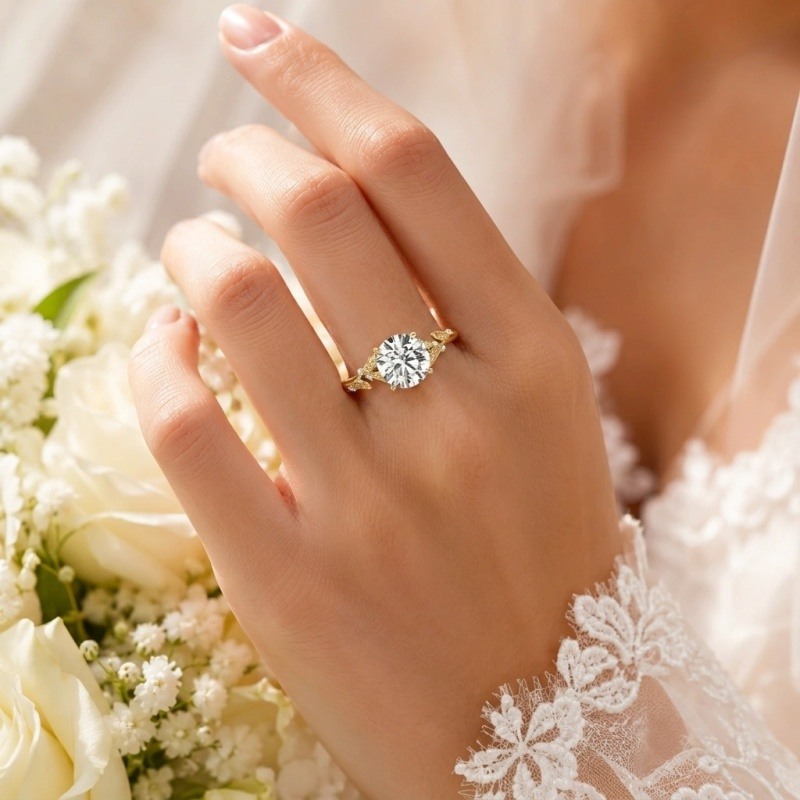 Bague de fiançailles personnalisée en or 14 carats avec diamant rond de laboratoire, inspirée par la nature-2