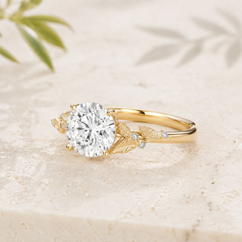 Bague de fiançailles personnalisée en or 14 carats avec diamant rond de laboratoire, inspirée par la nature-4