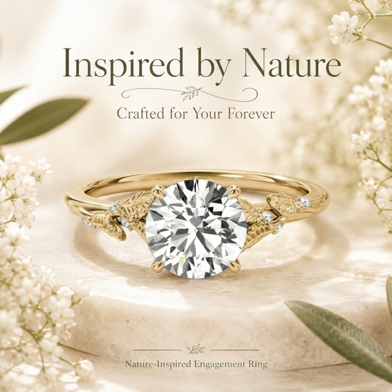 Bague de fiançailles personnalisée en or 14 carats avec diamant rond de laboratoire, inspirée par la nature-5