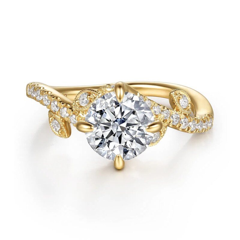 Individuell gestalteter Verlobungsring aus 10-karätigem Gold mit rundem, im Labor gezüchtetem Diamanten, inspiriert von der Natur-1