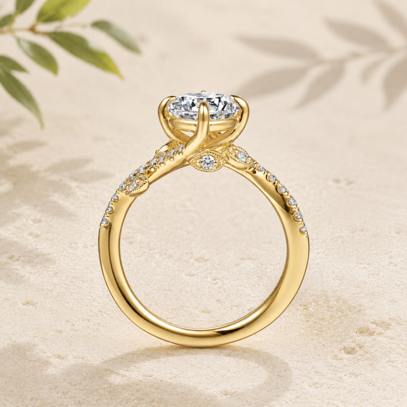 Individuell gestalteter Verlobungsring aus 10-karätigem Gold mit rundem, im Labor gezüchtetem Diamanten, inspiriert von der Natur-3