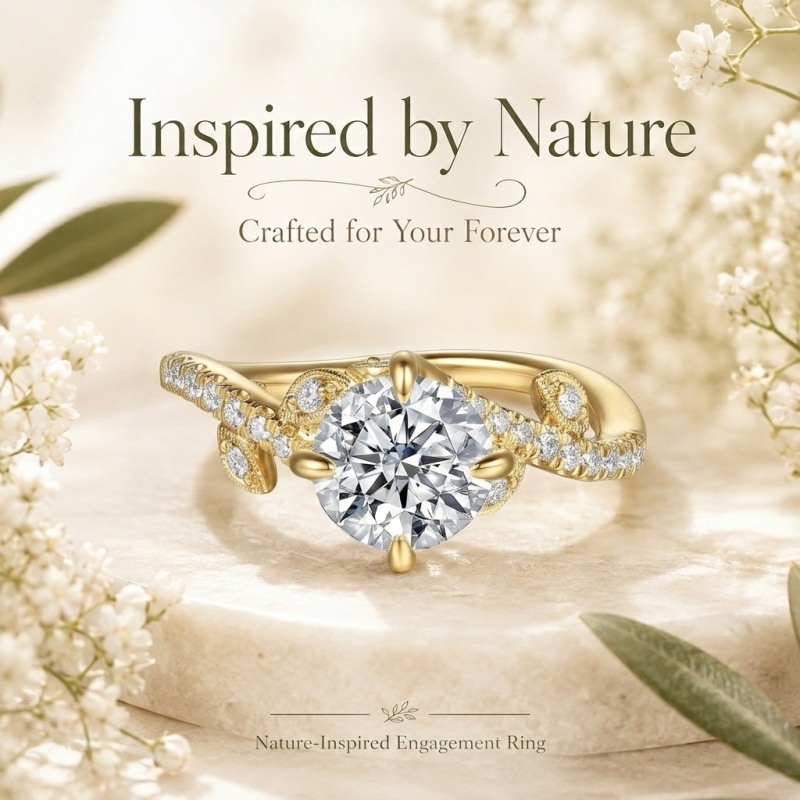 Individuell gestalteter Verlobungsring aus 10-karätigem Gold mit rundem, im Labor gezüchtetem Diamanten, inspiriert von der Natur-4