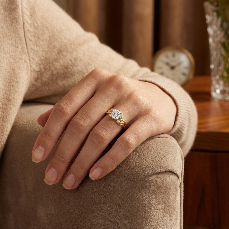 10K Gold Round Cut Lab-Grown Diamond Custom Nature Inspired Engagement Ring-2
