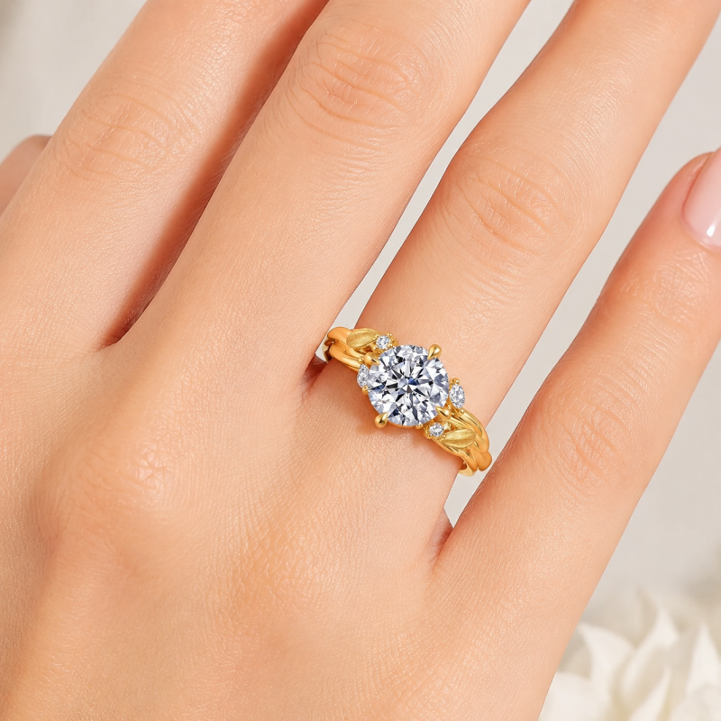10K Gold Round Cut Lab-Grown Diamond Custom Nature Inspired Engagement Ring-3