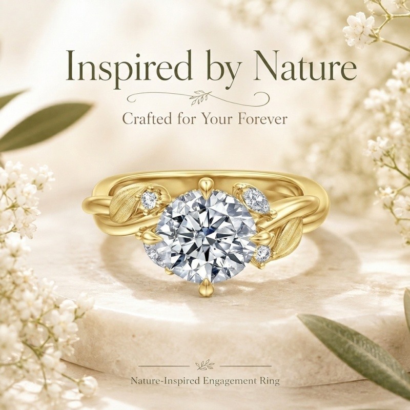 10K Gold Round Cut Lab-Grown Diamond Custom Nature Inspired Engagement Ring-6