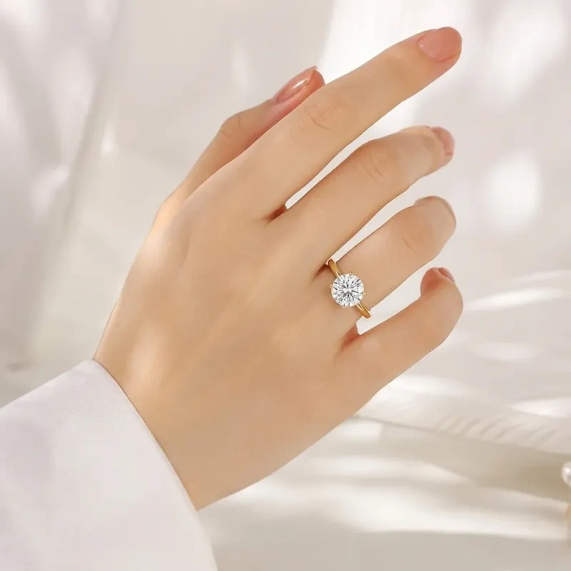 Bague de fiançailles solitaire personnalisée en or 14 carats avec diamant rond de laboratoire, motif floral inspiré de la nature-2