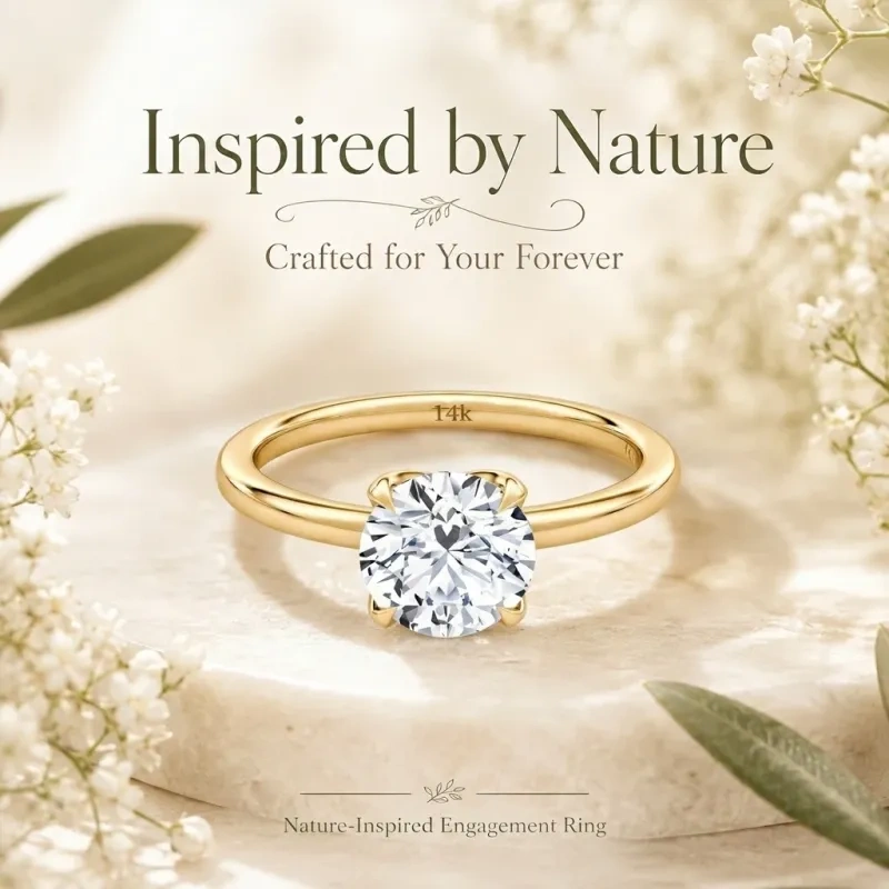 Bague de fiançailles solitaire personnalisée en or 14 carats avec diamant rond de laboratoire, motif floral inspiré de la nature-6